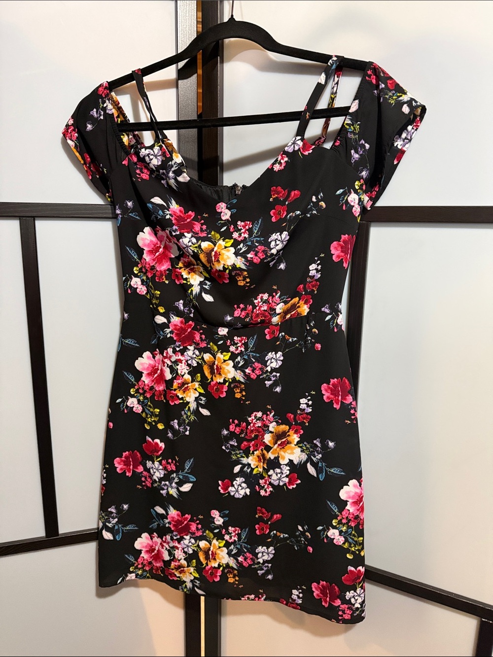 Express Black Floral Cowl Neck Mini Dress with Strappy Shoulders